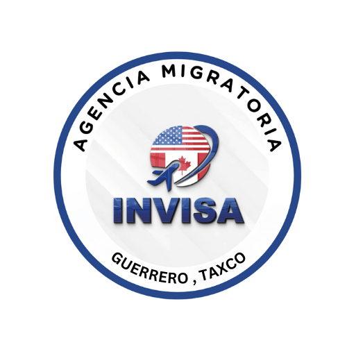 Logotipo de INVISA (Agencia Migratoria). El centro presenta un globo terráqueo con la mitad del globo mostrando las banderas estadounidense y canadiense y figuras estilizadas rodeándolo, destacando los procesos migratorios. El anillo exterior dice "AGENCIA MIGRATORIA" en la parte superior y "GUERRERO, TAXCO" en la parte inferior.